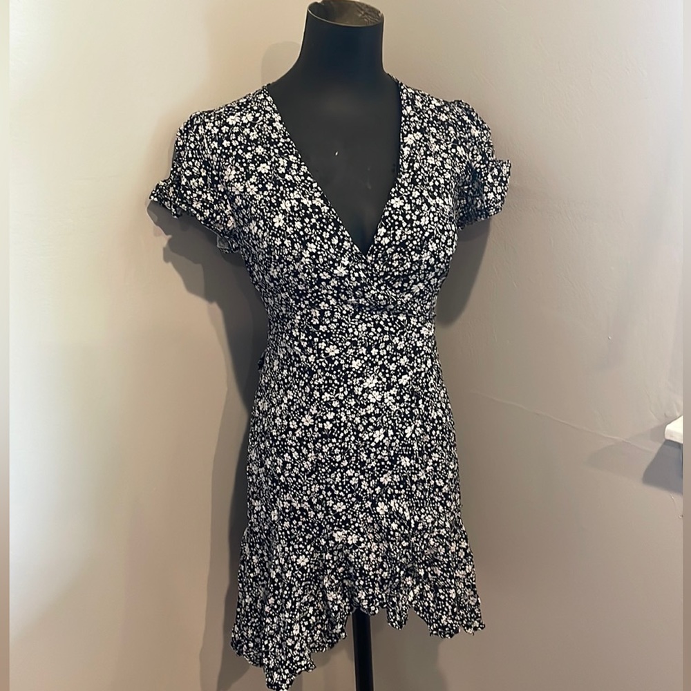 Black & White Floral Wrap Dress